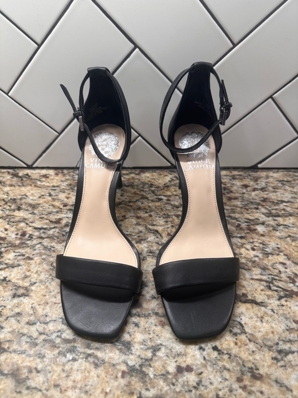 Vince Camuto Black Leather Ankle-Strap Square-Toe Block Heels